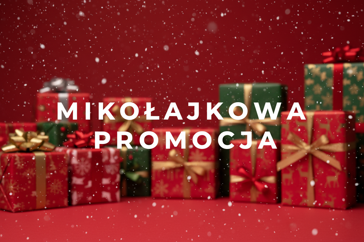 wygeneruj mi obrazek, tlo ma byc cale czerwone, na calym obrazku ma padac snieg, w tle maja byc swiateczne prezenty, w centralnej czesci ma byc bialy napis “M I K O Ł A J K O W A  P R O M O C J A”